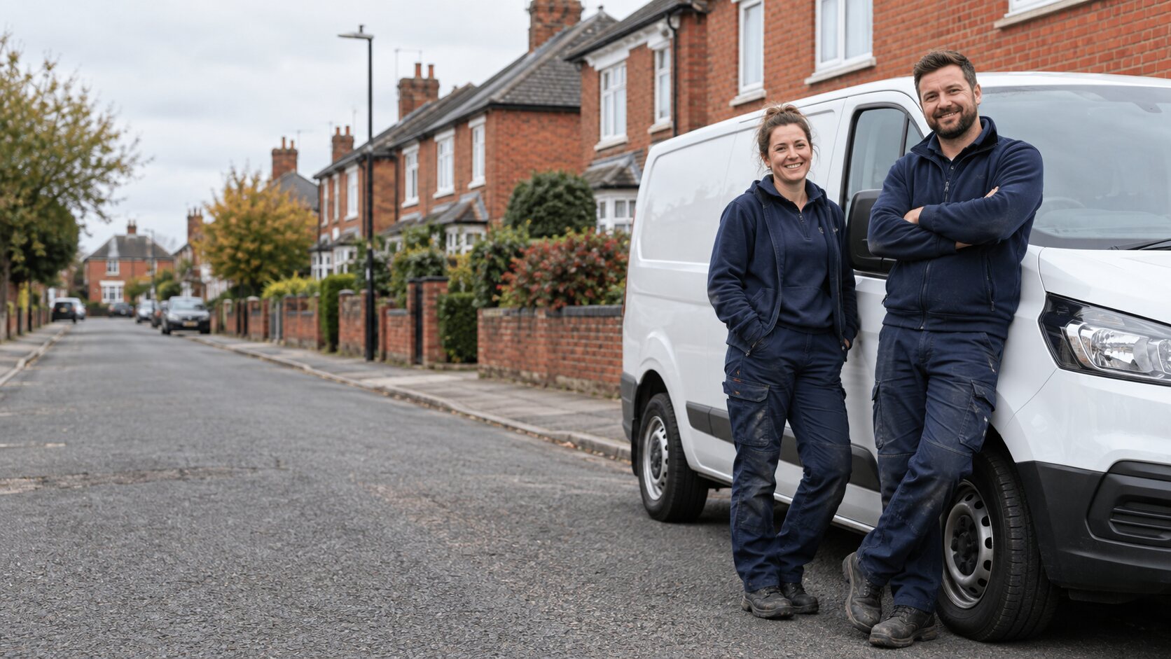 Two local tradespeople beside a work van on a Leicester residential street