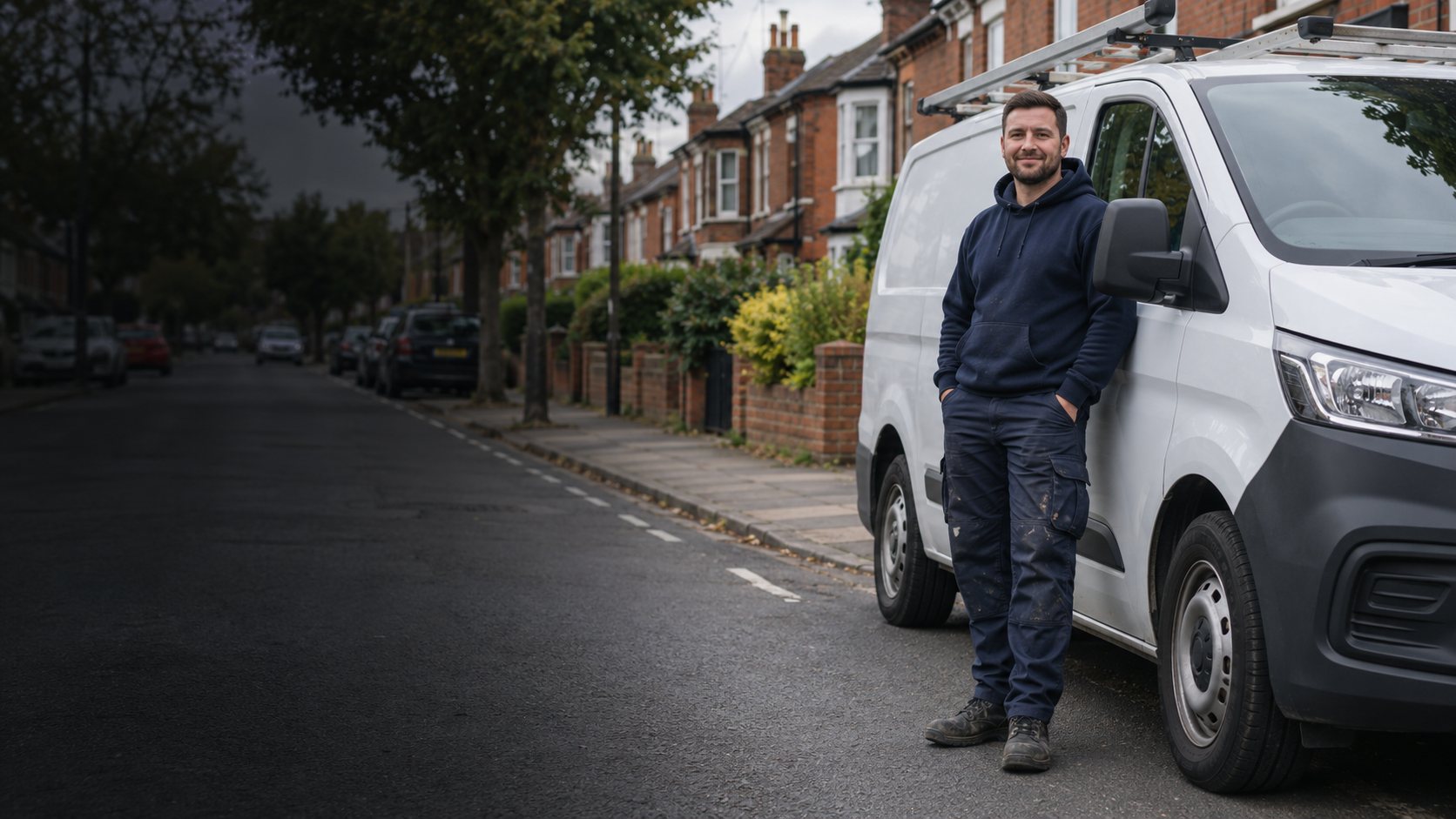 Professional tradesperson beside an unbranded white van on a red-brick Leicester residential street