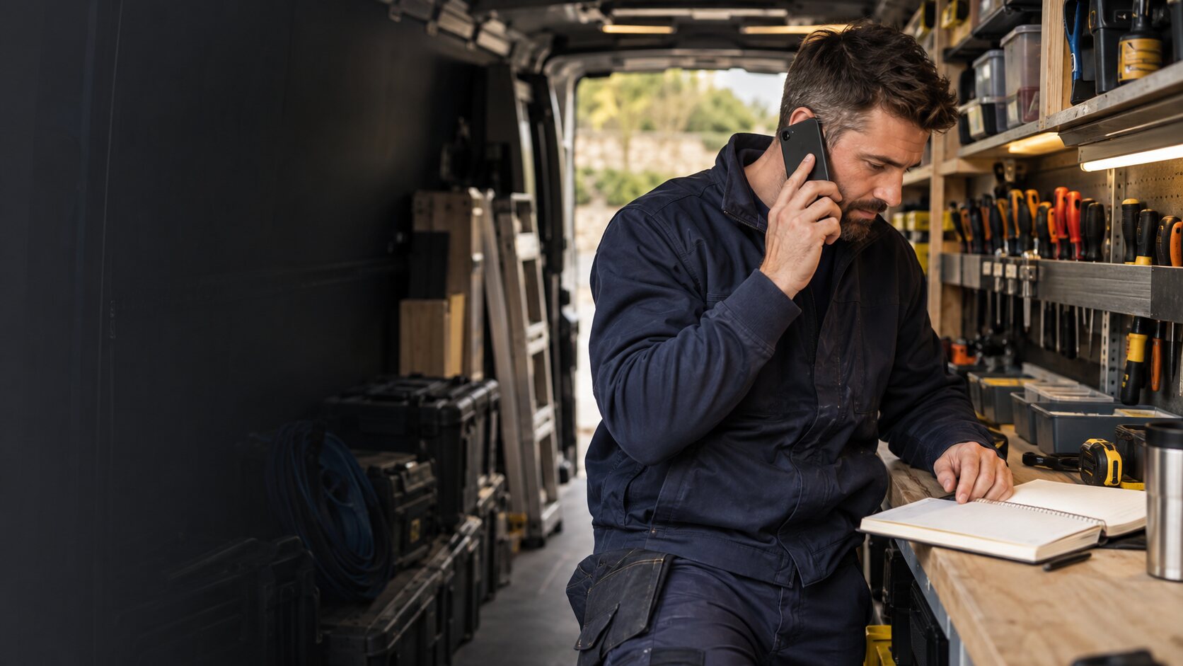 Tradesperson answering a phone in an organised work van