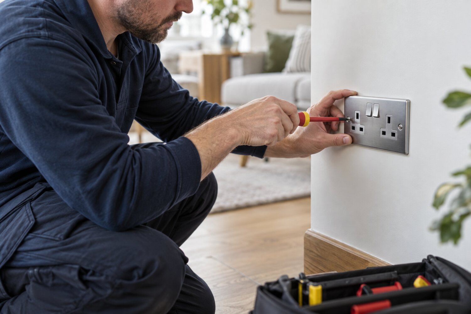 Electrician fitting a brushed-metal double socket in a British living room