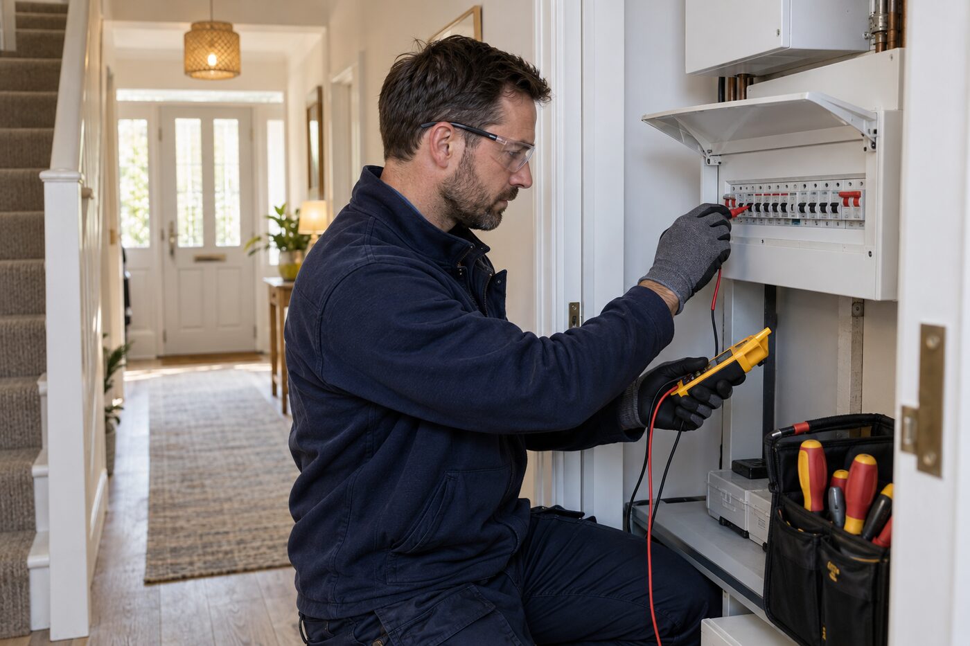 Electrician testing a domestic consumer unit