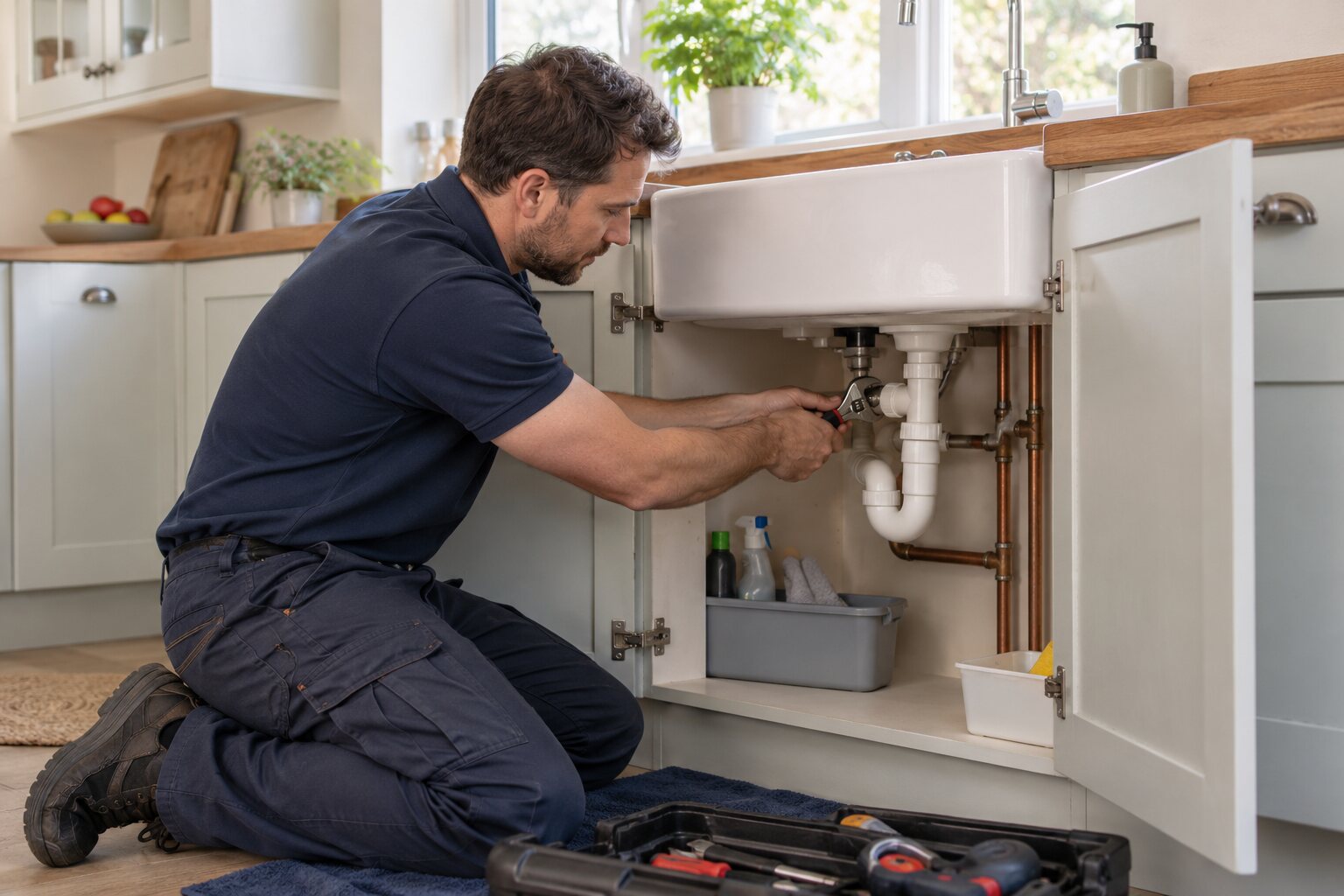Plumber repairing pipework beneath a kitchen sink