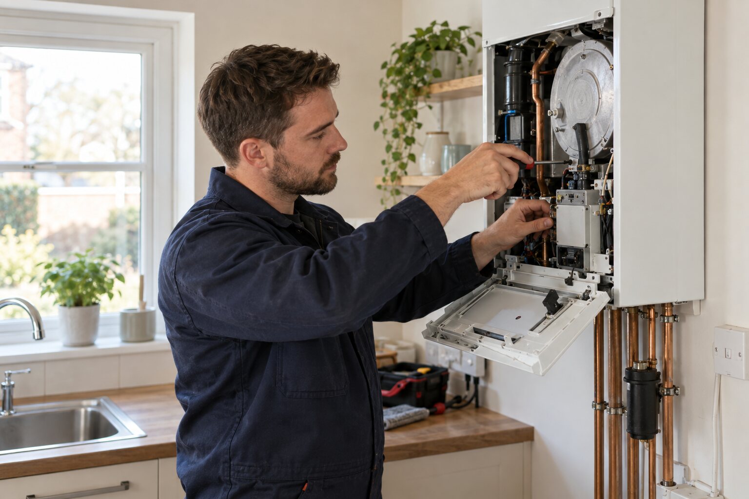 Engineer servicing a wall-mounted boiler in a Leicester home