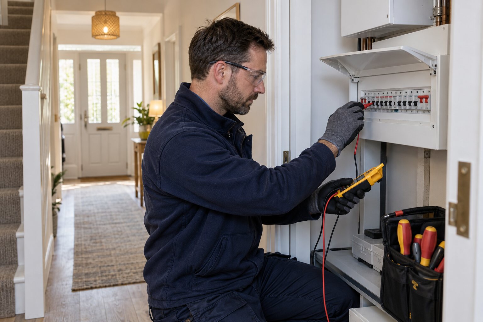 Electrician testing a domestic consumer unit