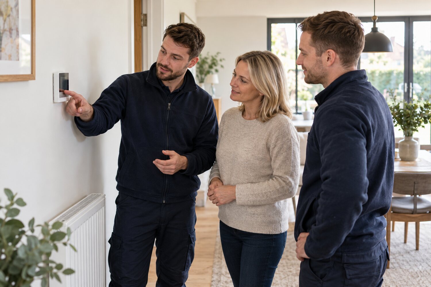 Two tradespeople explain a heating control to a homeowner in a modern British home